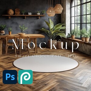 May include: A white round rug with a woven texture sits on a wooden floor in a room with a dining table, chairs, and plants. The text "Mockup Smart Object PSD JPG" is written on the floor.