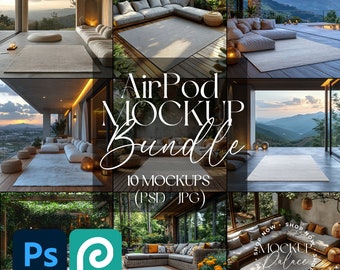 Könnte beinhalten: Ein Mockup-Paket mit 10 AirPod-Mockups in verschiedenen Umgebungen, darunter ein modernes Wohnzimmer, eine Terrasse und ein Balkon. Die Mockups sind in den Formaten PSD und JPG verfügbar. Der Text "AirPod MOCKUP Bundle" und "10 MOCKUPS (PSD JPG)" ist auf dem Bild zu sehen.
