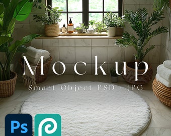 Round Rug Mockup, Circle Rug Mock-up PSD for Carpet Display in Photoshop & Design Template, Digital Area Rug Mockup