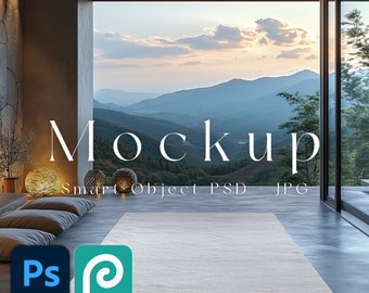 May include: A white rug in a modern living room with a view of mountains and a sunset. The rug is placed in front of a large window and there are pillows on the floor to the left of the rug. The text "Mockup Smart Object PSD JPG" is visible in the image.