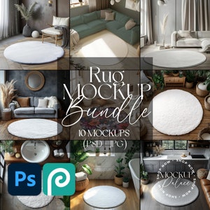 Puede incluir: Un paquete de maquetas de 10 diseños de alfombras en varios entornos interiores. Las alfombras son redondas y mullidas, con una variedad de colores y texturas. El texto "Rug Mockup Bundle" y "10 Mockups (PSD JPG)" se muestra en la imagen.
