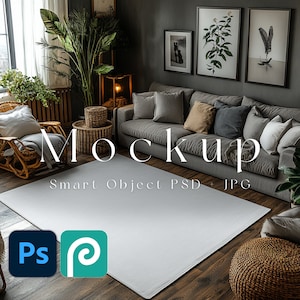 May include: A grey rug with a white border in a living room setting. The rug is in front of a grey sofa with cushions and a wooden coffee table. The text "Mockup Smart Object PSD + JPG" is on the rug.
