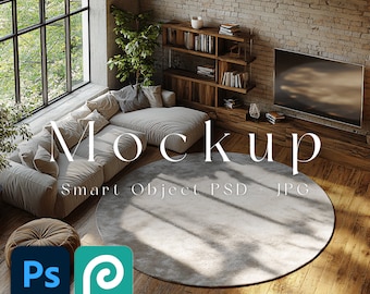 Round Rug Mockup, Circle Rug Mock-up PSD for Carpet Display in Photoshop & Photopia, Digital Area Rug Design Template