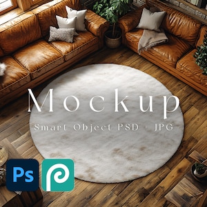 May include: A white, fluffy round rug with a brown wooden floor underneath. The rug is in the centre of the image and is surrounded by two brown leather sofas. The text "Mockup Smart Object PSD JPG" is written in white on the rug.