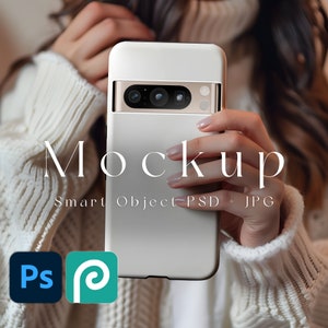 May include: A white smartphone case with a gold camera bar is held in front of a person. The word "Mockup" is displayed in a stylish font, with "Smart Object PSD + JPG" below it. The Adobe Photoshop and Photopea logos are in the bottom left.