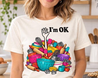 I'm OK Baking T-Shirt, Colorful Kitchen Tools Graphic Tee, Funny Baker Mixing Bowl Shirt, Comfort Colors