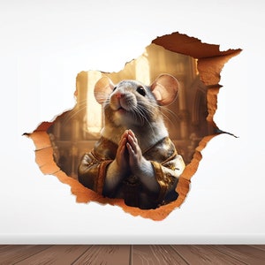 Mouse Praying in Mouse Hole Decal Sticker, Mouse Hole 3D Wall Sticker, Wall Decal Sticker, Removable Wall Decoration, Funny Gifts