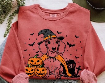 Dachshund Halloween Sweatshirt | Spooky Weenie Dog Witch Sweater | Pumpkin Doxie Dog | Funny Halloween Dog Lover Gift | Fall Doxie Sweater