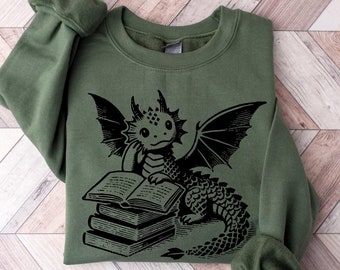 Sudadera amante del libro del dragón / Jersey lector de fantasía / Suéter del dragón del ratón de biblioteca / Lindo regalo librero / Profesor bibliotecario / Bibliófilo