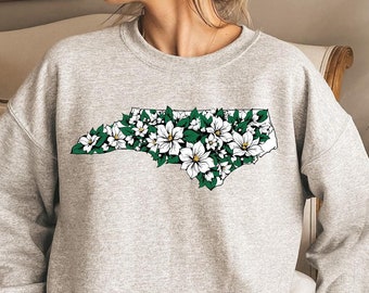 North Carolina Floral Map Sweatshirt | NC State Flower | Dogwood Sweatshirt | North Carolina Pride Sweater | Floral NC State Flower Sweater
