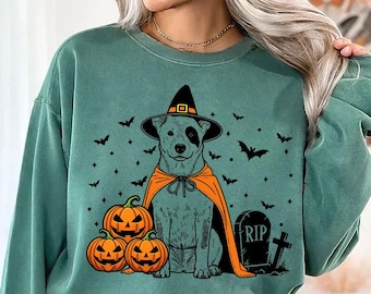 Heeler Halloween Sweatshirt | Spooky Cattle Dog Witch Sweater | Pumpkin Cattle Dog Dog | Halloween Dog Lover Gifts | Fall Heeler Sweater