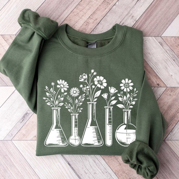 Sleek Botanical Beaker Sweatshirt | Science Teacher Crewneck | Floral Chemistry Lab Shirt | Lab Technician Gifts | Biology Fashion Sweater