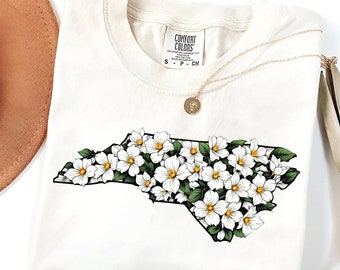 Comfort Colors North Carolina Floral Shirt | NC State Flower Tee | Dogwood T-Shirt | North Carolina Pride | US State Map Shirt