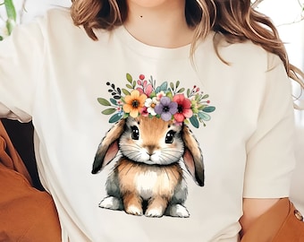 Lente-T-shirt met bloemen konijn | T-shirt met paashaastuin | Leuk bloemenshirt met konijn | Botanisch T-shirt konijntje | Konijnencadeaus voor de lente