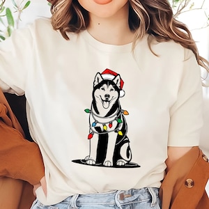 Husky Holiday Christmas T-Shirt | Dog Owner Festive Tee | Siberian Husky Xmas Shirt | Christmas Lights Dog Shirt | Husky Lover Winter Gift