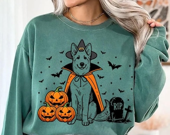 German Shepherd Halloween Sweatshirt | Spooky GSD Witch Sweater | Shepherd Dog Sweater | Funny Halloween Dog Lover Gift | Shepherd Sweater