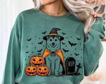 Husky Halloween-tröja | Spöklik sibirisk häxtröja | Pumpa-husky-hundtröja | Rolig Halloween-present till hundälskare | Höst-husky-tröja