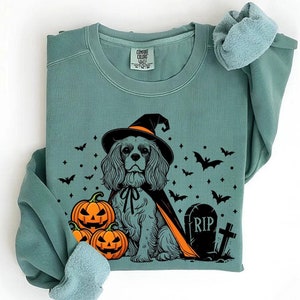 Pode incluir: Uma camisa de frio azul-turquesa com um gráfico de um Cavalier King Charles Spaniel vestindo um chapéu de bruxa e uma capa. O cão está rodeado por morcegos, estrelas e abóboras. O texto "RIP" está em uma lápide.