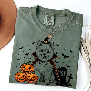 May include: A green t-shirt with a black and white illustration of a dog wearing a witch's hat and a vampire cape. The dog is surrounded by pumpkins and bats. The text "RIP" is on a tombstone.