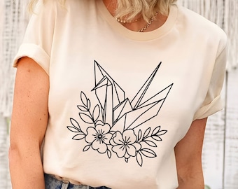 Origami Crane T-Shirt | Botanical Heron Shirt | Bird Lover Gift | Japanese Bird Shirt | Crane Lover | Crane Bird Tee | Nature Lover Gifts