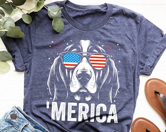 Camiseta Basset Hound 'Merica | Camiseta Basset do 4 de Julho | Camiseta Patriótica Basset | Presente para Amantes de Cães dos EUA | Camiseta Dog USA | Presente para Mães Basset Hound