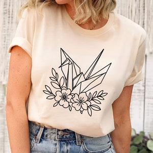 Origami Crane T-Shirt | Botanical Heron Shirt | Bird Lover Gift | Japanese Bird Shirt | Crane Lover | Crane Bird Tee | Nature Lover Gifts