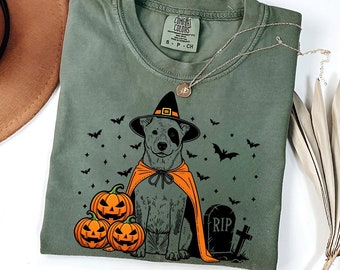 Heeler Halloween Shirt | Spooky Cattle Dog Witch T-Shirt | Pumpkin Australian Cattle Dog Dog Tee | Halloween Dog Lover Gift | Heeler Shirt