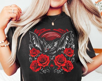 Red Rose Gothic Bat Shirt, Bat Shirt, Dark Cottagecore, Witchy Shirt, Goth Shirt, Goblincore Tshirt, Halloween Bats, Spooky Season