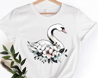 Grafisch T-shirt met bloemenzwaan | Botanisch vogelshirt | Zwaanliefhebber | Artistieke natuurliefhebber T-shirt | Romantisch Wildlife-shirt | Zwaan Vogel T-shirt
