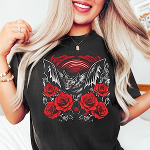 Red Rose Gothic Bat Shirt, Bat Shirt, Dark Cottagecore, Witchy Shirt, Goth Shirt, Goblincore Tshirt, Halloween Bats, Spooky Season