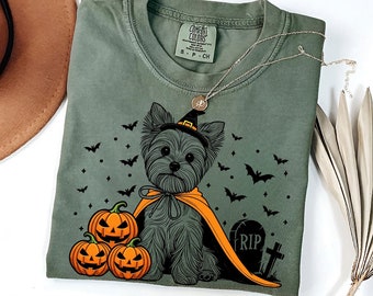 Yorkie Halloween Shirt | Spooky Yorkshire Terrier Witch T-Shirt | Pumpkin Yorkie Dog Tee | Halloween Dog Lover Gifts | Fall Yorkie Shirt