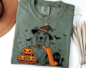 Maglietta di Halloween Basset Hound / Maglietta strega segugio spettrale / Cane Basset Hound zucca / Divertente regalo di Halloween per gli amanti dei cani / Maglietta autunnale Basset