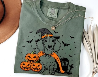 Dackel Halloween Shirt | Spooky Weenie Hundehexe T-Shirt | Kürbis Doxie Hund Tee | Lustiges Halloween-Hundeliebhabergeschenk | Herbst Doxie Shirt