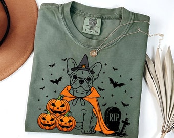 Camiseta de Halloween con bulldog francés / Camiseta espeluznante de bruja bulldog francés / Camiseta de perro bulldog francés con calabaza / Regalo divertido de Halloween para amantes de los perros / Camiseta bulldog francés