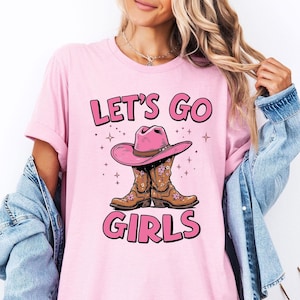 Let&#39;s Go Girls T-Shirt for Cowgirls | Western Rodeo Tee for Kids | Country Music Shirt | Pink Cowboy Boots Tee | Cowgirl Shirt