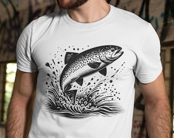 Springende Forelle T-Shirt | Vintage Fischer-T-Shirt | Süßwasser Angeln Shirt | Fliegen-Fischen-Shirt | Forellen-Liebhaber-Shirt | Outdoor Abenteuer Geschenke