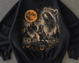 Raccoon Halloween Sweatshirt, Spooky Trash Panda Full Moon Crewneck, Vintage Gothic Pumpkin Graveyard Sweater, Gildan