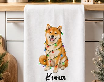 Shiba Inu Christmas Lights Tea Towel, Personalized Shiba Kitchen Towel, Custom Dog Name Dish Towel, Holiday Decor
