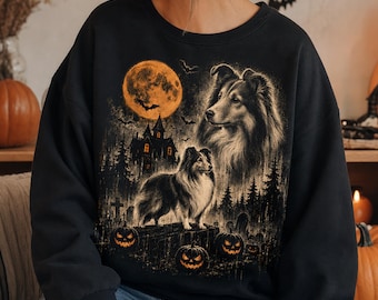 Sheltie Halloween Sweatshirt, Spooky Shetland Sheepdog Sweater, Vintage Gothic Dog Crewneck, Gildan