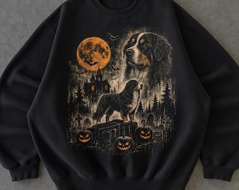 Bernese Mountain Dog Halloween Sweatshirt, Spooky Berner Graphic Crewneck, Gothic Haunted Dog Sweater, Gildan