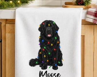 Newfoundland Christmas Lights Tea Towel, Personalized Newfie Kitchen Towel, Custom Dog Name Dish Towel, Holiday Decor