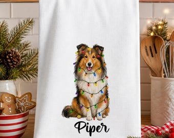 Sheltie Christmas Lights Tea Towel, Personalized Shetland Sheepdog Kitchen Towel, Custom Dog Name Dish Towel, Holiday Decor