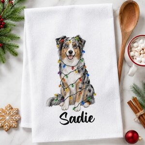 Blue Merle Australian Shepherd Christmas Lights Tea Towel, Personalized Aussie Kitchen Towel, Custom Dog Name Dish Towel