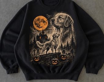 Golden Retriever Halloween Sweatshirt, Spooky Graveyard Dog Full Moon Sweater, Vintage Gothic Golden Crewneck, Gildan