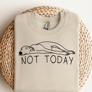 Puede incluir: Sudadera beige con un dibujo negro de un perro durmiendo y las palabras "NOT TODAY" en negro. La sudadera está doblada sobre una superficie circular tejida.