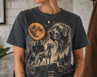 Great Dane Halloween Shirt, Spooky Full Moon Graveyard Tee, Vintage Great Dane T-Shirt, Comfort Colors