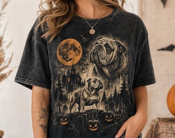 English Bulldog Halloween Shirt, Vintage Gothic Full Moon Graphic Tee, Spooky Bulldog Pumpkin Shirt, Comfort Colors