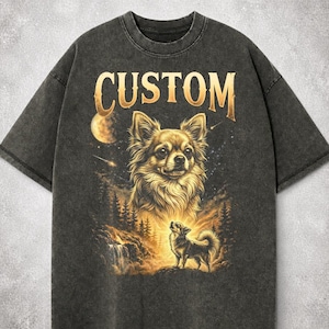 May include: Dark gray t-shirt with a custom design featuring a detailed illustration of a Chihuahua dog. The design includes the word "CUSTOM" in gold lettering, a moon, and a forest scene with a waterfall.