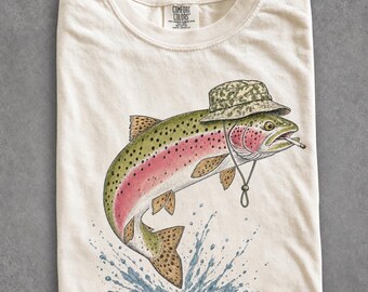 Rainbow Trout Smoking Cigarette Shirt, Funny Fishing Tee, Trout Bucket Hat Graphic T-Shirt, Comfort Colors