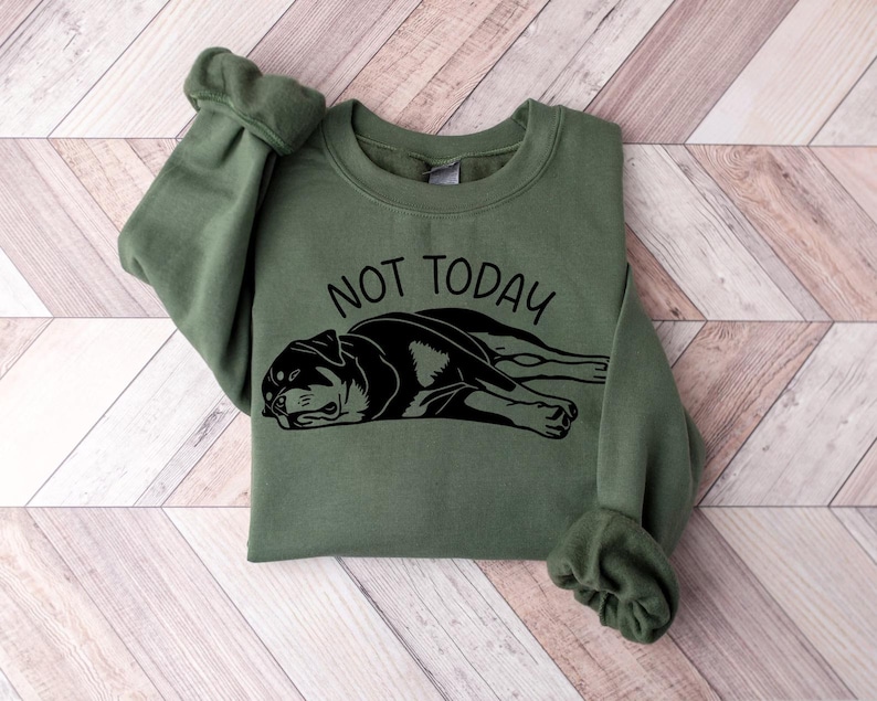 May include: An olive green sweatshirt with the words "NOT TODAY" above a black and white graphic of a dog lying down. The sweatshirt has long sleeves with ribbed cuffs.